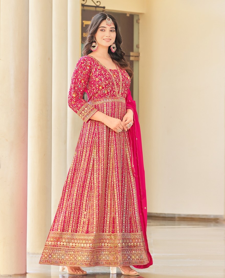 119 - PINK ANARKALI GOWN PREMIUM EMBROIDERED WITH DUPATTA PRESENT NEW DESIGN